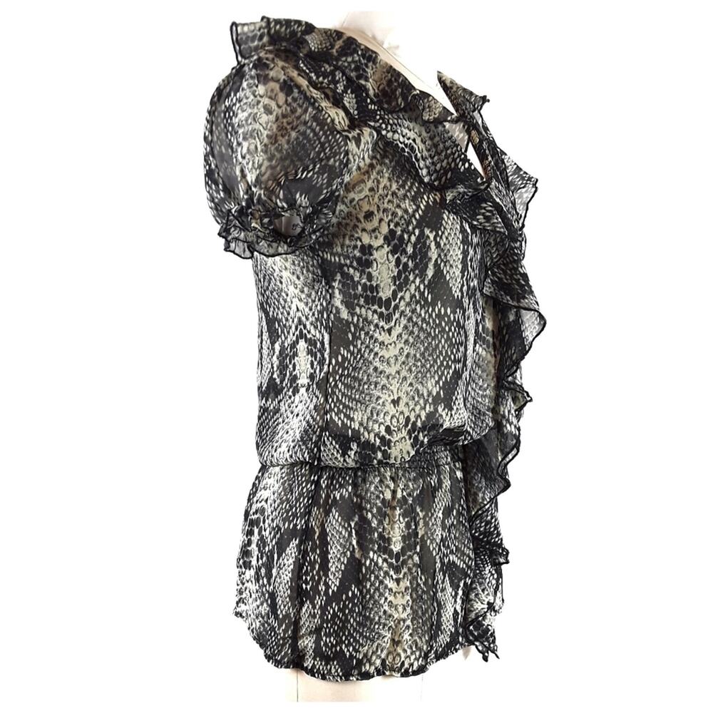BEL & BO Animal Snake Print Black Beige Chiffon Blouse Ruffles Career Casual